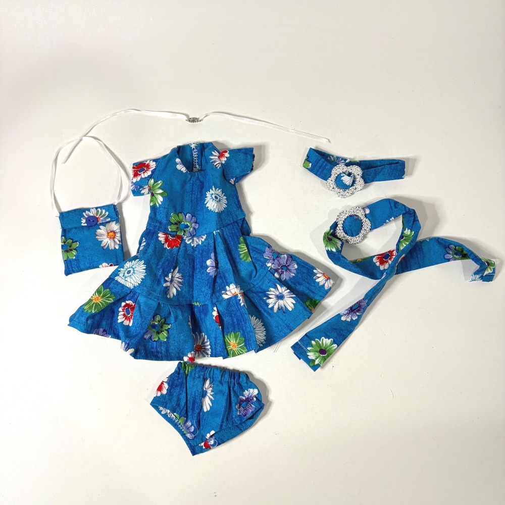 Handmade Blue Floral 5pc Doll Outfit Set for 14 inch Dolls Dress Bloomers Bag